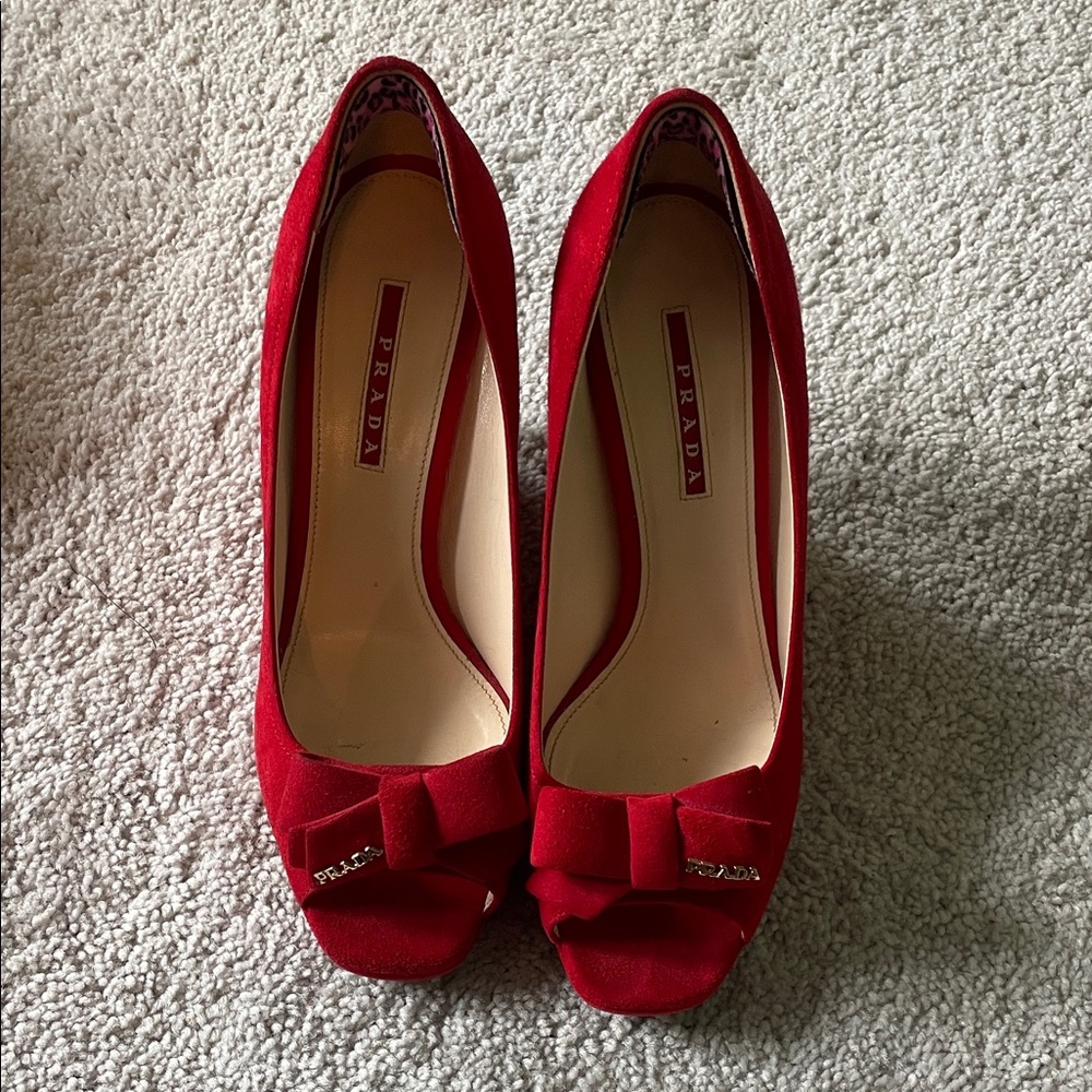 Prada Red Bow Peep-Toe Heels